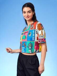 TOM & JERRY X SHEIN Cartoon Graphic Drop Shoulder Tee - Multicolor - View 3