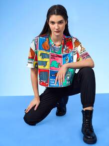 TOM & JERRY X SHEIN Cartoon Graphic Drop Shoulder Tee - Multicolor - View 4