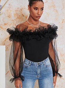 SHEIN BAE Áo nữ Xù cắt màu trơn Hấp dẫn - màu đen - Xem 1