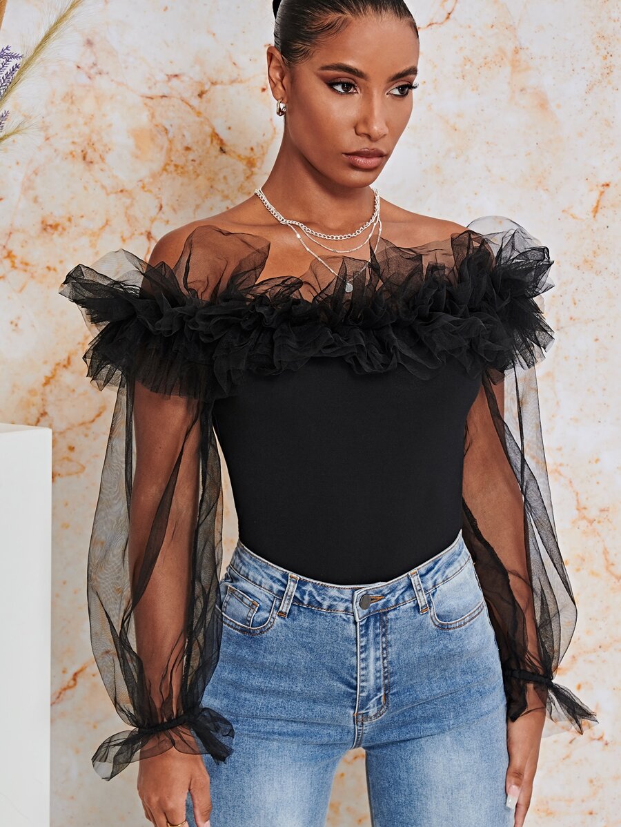 SHEIN BAE Áo nữ Xù cắt màu trơn Hấp dẫn - màu đen - Xem 1