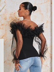 SHEIN BAE Áo nữ Xù cắt màu trơn Hấp dẫn - màu đen - Xem 2