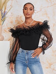 SHEIN BAE Áo nữ Xù cắt màu trơn Hấp dẫn - màu đen - Xem 3