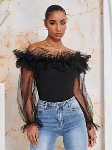 SHEIN BAE Áo nữ Xù cắt màu trơn Hấp dẫn - màu đen - Xem 4