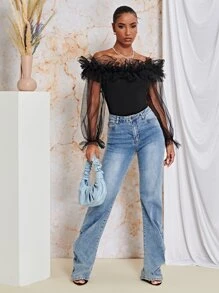 SHEIN BAE Áo nữ Xù cắt màu trơn Hấp dẫn - màu đen - Xem 5