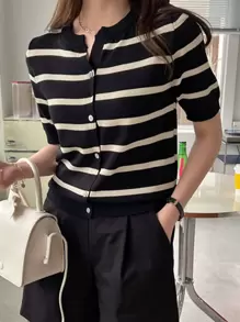DAZY Cárdigan con botones y rayas, Blusas de manga corta, Ropa de mujer de otoño