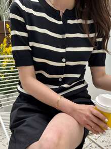 DAZY Cárdigan con botones y rayas, Blusas de manga corta, Ropa de mujer de otoño