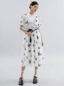 DAZY Floral Embroidery Puff Sleeve Dress,Ruffle - Multicolor - View 1