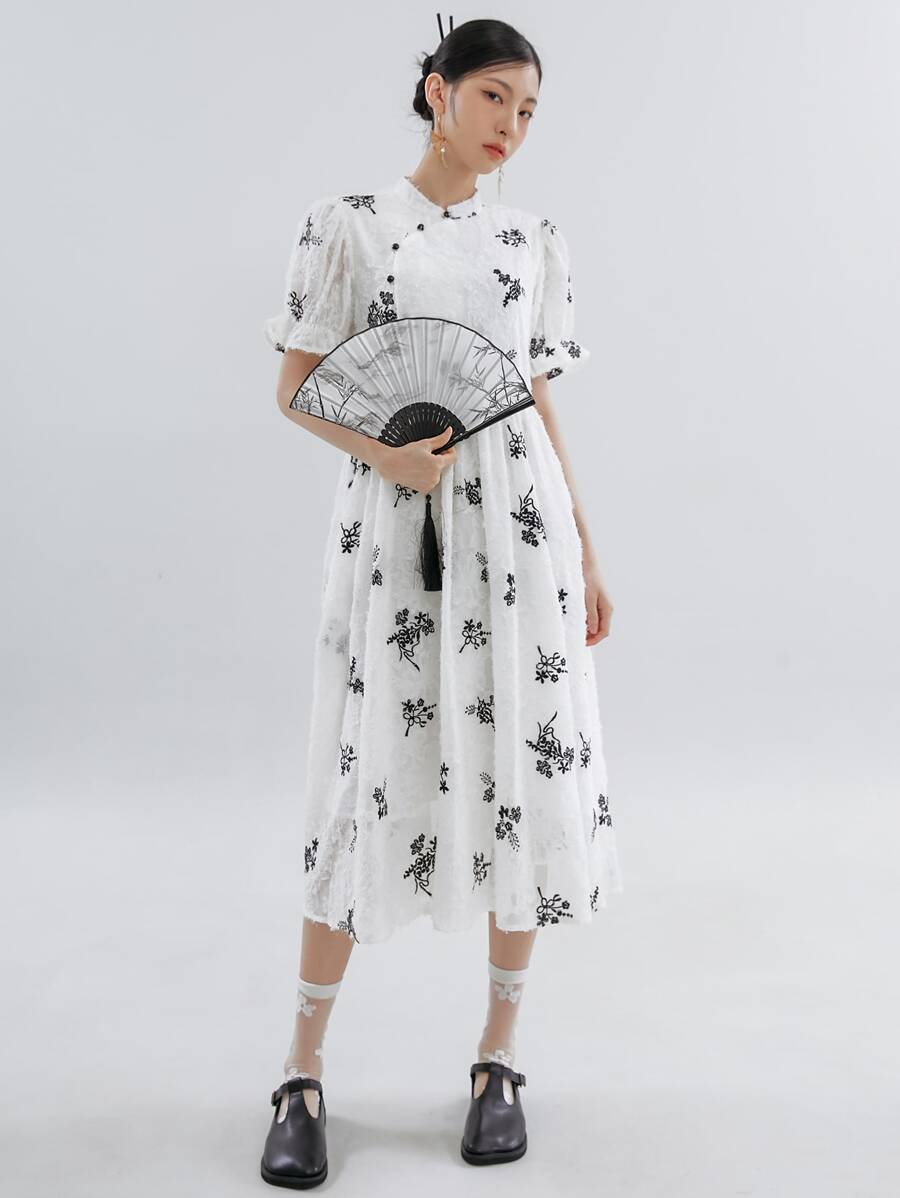 DAZY Floral Embroidery Puff Sleeve Dress,Ruffle - Multicolor - View 1