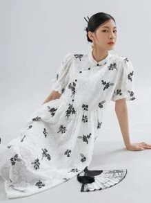 DAZY Floral Embroidery Puff Sleeve Dress,Ruffle - Multicolor - View 3