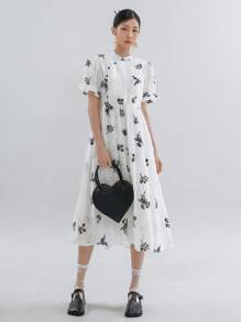 DAZY Floral Embroidery Puff Sleeve Dress,Ruffle - Multicolor - View 4