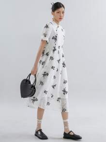 DAZY Floral Embroidery Puff Sleeve Dress,Ruffle - Multicolor - View 5