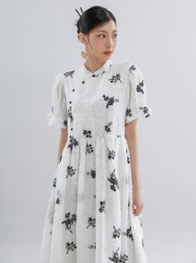 DAZY Floral Embroidery Puff Sleeve Dress,Ruffle - Multicolor - View 6