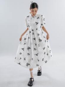 DAZY Floral Embroidery Puff Sleeve Dress,Ruffle - Multicolor - View 7