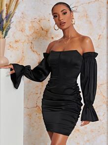 SHEIN BAE Off Shoulder Flounce Sleeve Ruched Satin Bodycon Dress - Black - View 3