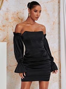 SHEIN BAE Off Shoulder Flounce Sleeve Ruched Satin Bodycon Dress - Black - View 5