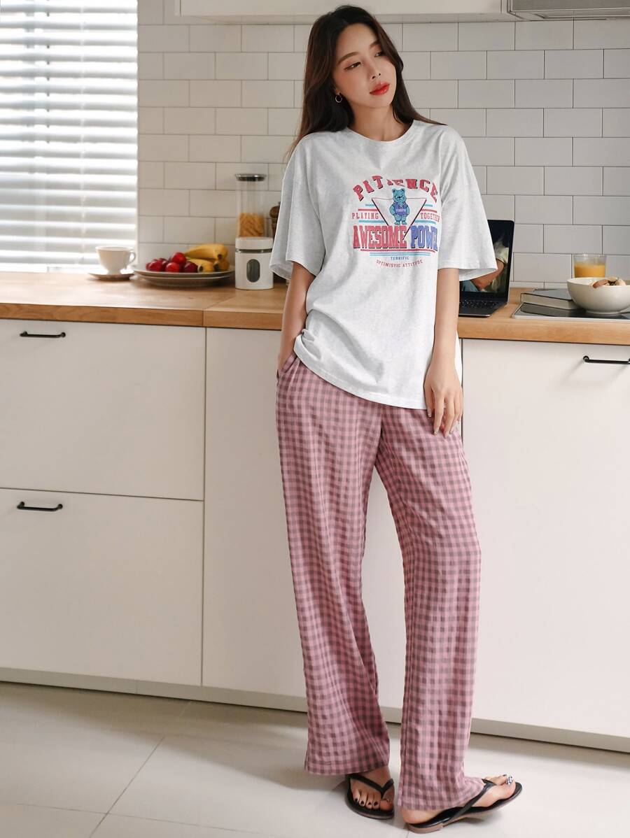 DAZY Letter & Gingham Print Lounge Set - Multicolor - View 1