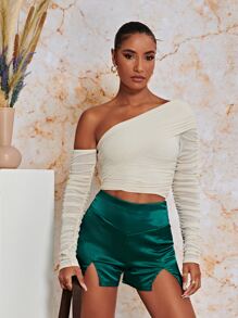 SHEIN BAE Asymmetrical Neck Ruched Side Wrap Glitter Tee - Apricot - View 3