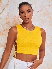 SHEIN BAE Top tank corto con cordón lateral con textura - Amarillo - Ver 5
