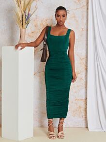 SHEIN BAE Ruched Side Bodycon Dress - Dark Green - View 1
