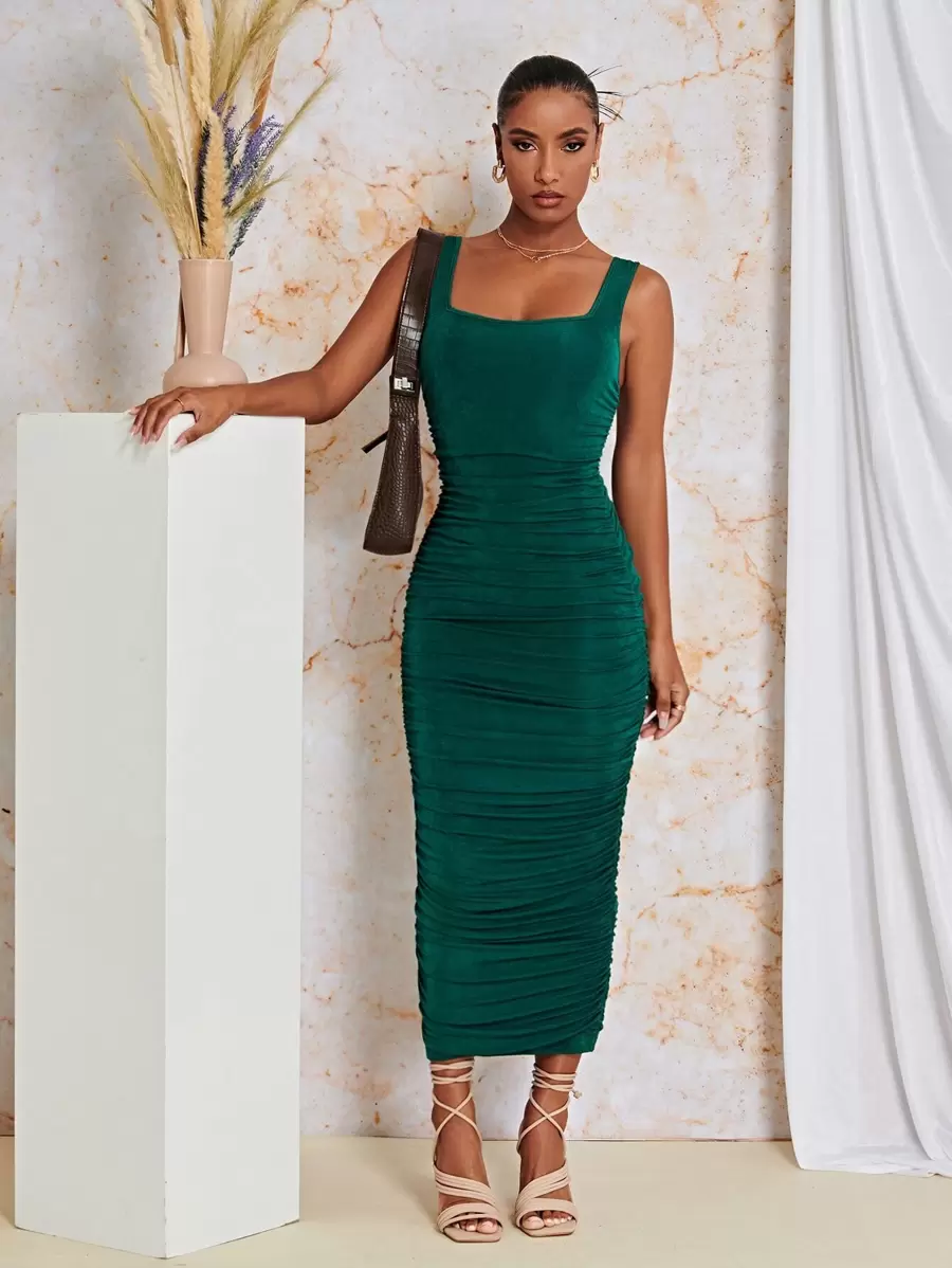 SHEIN BAE Ruched Side Bodycon Dress - Dark Green - View 1