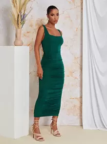 SHEIN BAE Ruched Side Bodycon Dress - Dark Green - View 3