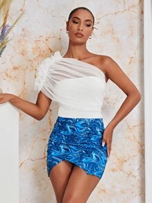 SHEIN BAE One Shoulder Ruched Mesh Top - White - View 4