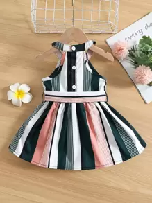 Baby Girl Colorful Striped Halter Neck Belted Dress