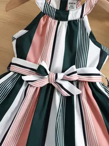 Baby Girl Colorful Striped Halter Neck Belted Dress
