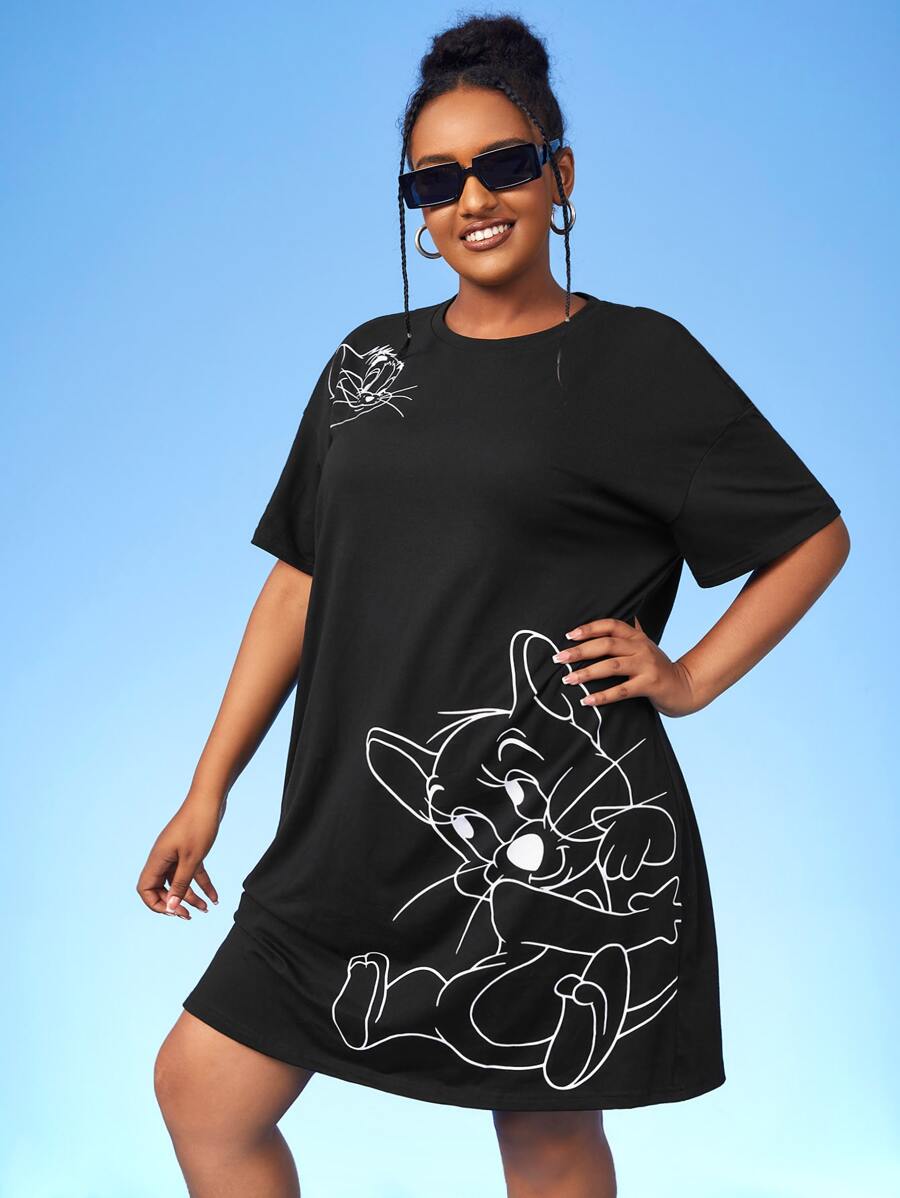 TOM & JERRY X SHEIN Plus Drop Shoulder Cartoon Graphic Tee Dress, Summer - Black - View 1