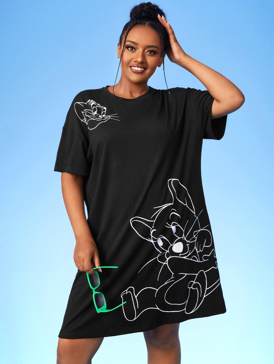 TOM & JERRY X SHEIN Váy thun họa tiết hoạt hình hở vai Plus, mùa hè - màu đen - Xem 1