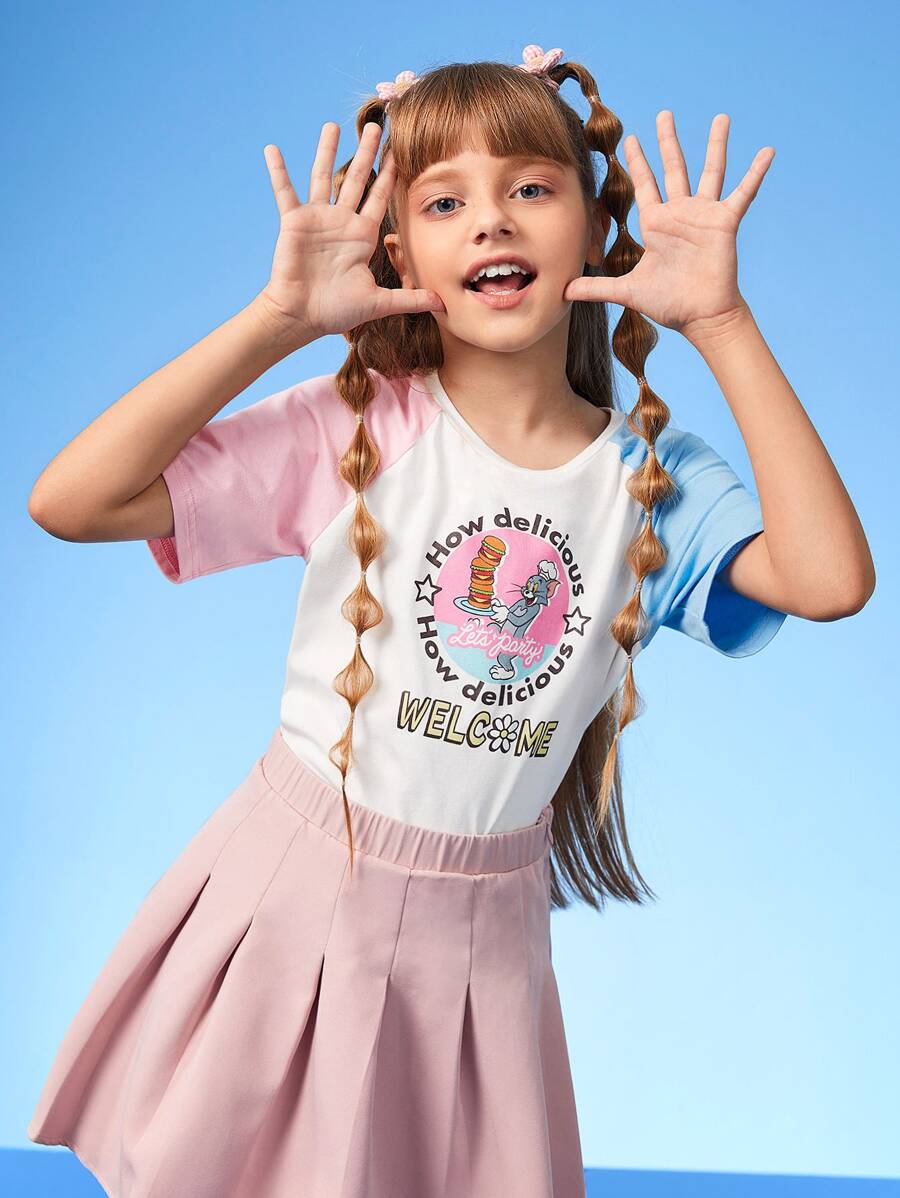 TOM & JERRY X SHEIN Tween Girl Slogan & Cartoon Graphic Raglan Sleeve Tee - White - View 1