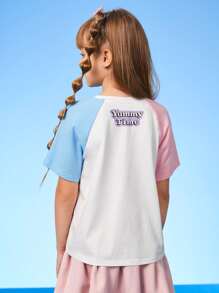 TOM & JERRY X SHEIN Tween Girl Slogan & Cartoon Graphic Raglan Sleeve Tee - White - View 2