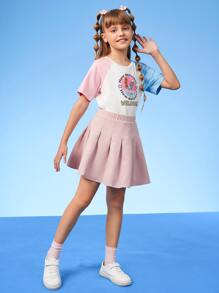 TOM & JERRY X SHEIN Tween Girl Slogan & Cartoon Graphic Raglan Sleeve Tee - White - View 3