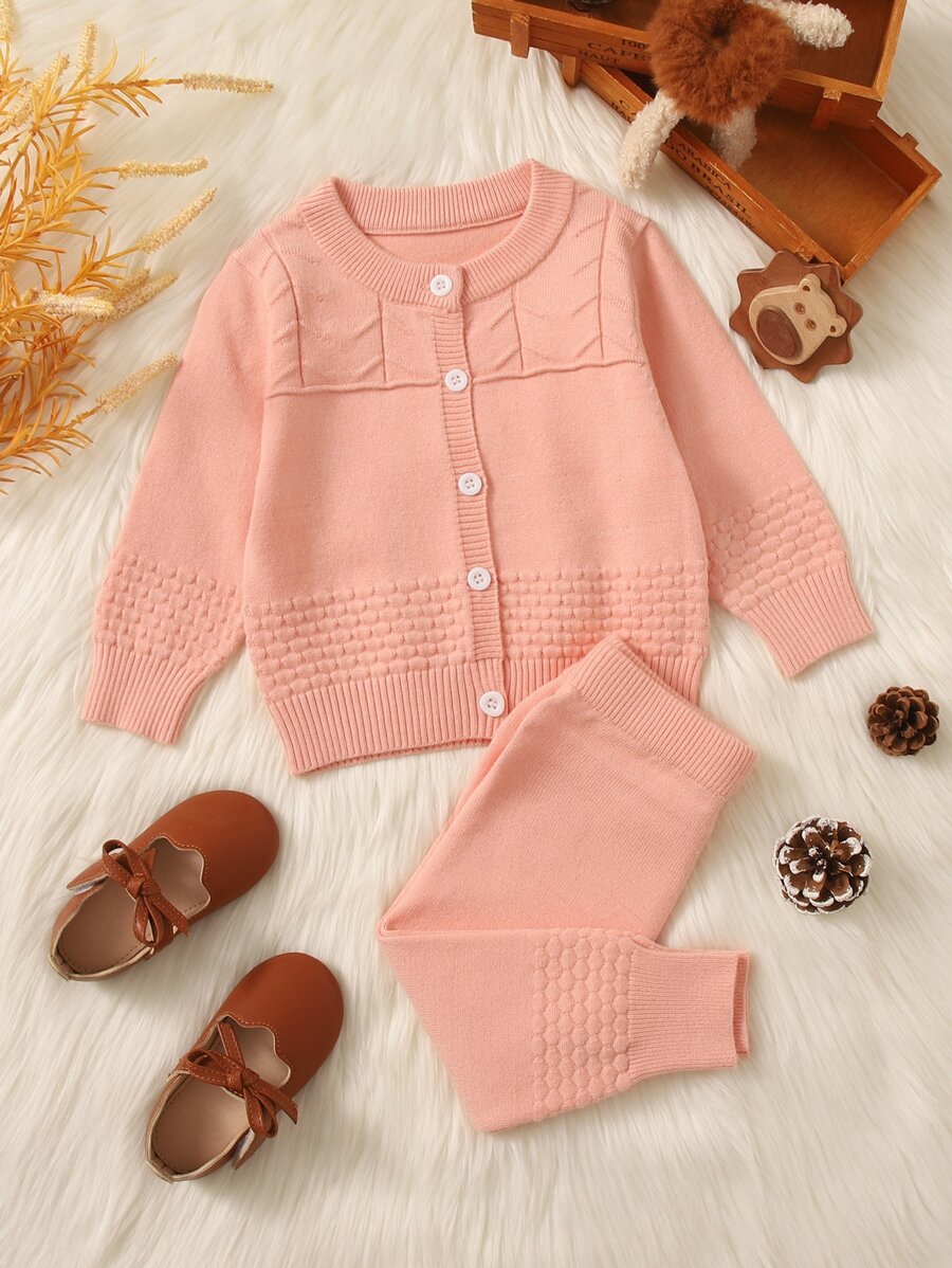 Baby Button Front Cardigan & Knit Trousers - Coral Pink - View 1