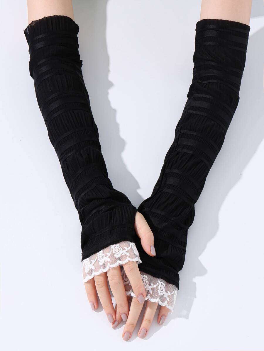Flower Print Contrast Lace Fingerless Long Gloves - Black - View 1