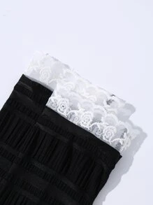 Flower Print Contrast Lace Fingerless Long Gloves - Black - View 3