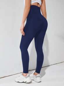 Yoga Basic 瑜伽打底褲高彈力前紐扣收復高腰緊身打底褲 - 藏蓝色 - 查看 2