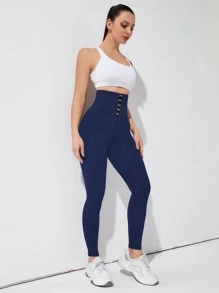 Yoga Basic 瑜伽打底褲高彈力前紐扣收復高腰緊身打底褲 - 藏蓝色 - 查看 6