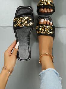 Nuevas sandalias planas con correa para mujer, hebilla de metal versátil y punta cuadrada, zapatos cómodos para la playa para el verano/otoño - Negro - Ver 2