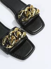 Nuevas sandalias planas con correa para mujer, hebilla de metal versátil y punta cuadrada, zapatos cómodos para la playa para el verano/otoño - Negro - Ver 4