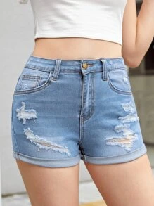 SHEIN Chicas adolescentes Shorts en mezclilla desgarro con cremallera - Lavado ligero - Ver 3