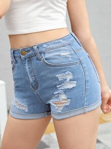 SHEIN Chicas adolescentes Shorts en mezclilla desgarro con cremallera - Lavado ligero - Ver 4