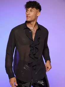 FeverCity Camisa De Chifón Con Ribete De Volantes Sueltos Para Hombre - Negro - Ver 1