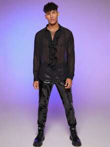 FeverCity Camisa De Chifón Con Ribete De Volantes Sueltos Para Hombre - Negro - Ver 4