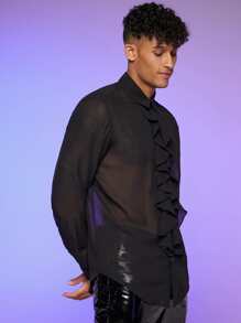 FeverCity Camisa De Chifón Con Ribete De Volantes Sueltos Para Hombre - Negro - Ver 5