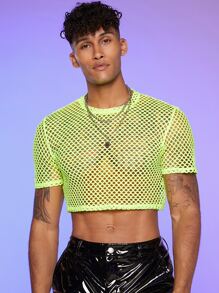 FeverCity Men Neon Lime Fishnet Mesh Crop Top - Lime Green - View 1