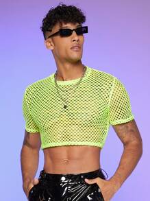 FeverCity Men Neon Lime Fishnet Mesh Crop Top - Lime Green - View 2