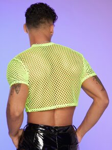 FeverCity Men Neon Lime Fishnet Mesh Crop Top - Lime Green - View 3