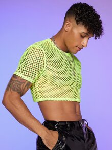 FeverCity Men Neon Lime Fishnet Mesh Crop Top - Lime Green - View 5