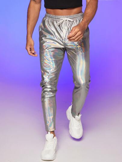 FeverCity Pantalones ajustados con cordón en la cintura holográfica para hombres, para salir, atuendo de rave, regalos para esposo, novio, otoño